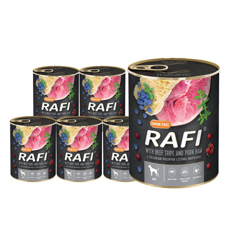 Rafi karma mokra dla psa z szynką wieprzową i żołądkami wołowymi 12x800g