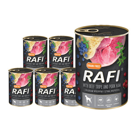 Rafi karma mokra dla psa z szynką wieprzową i żołądkami wołowymi 24x400g